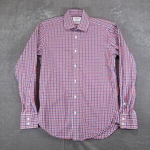 T M LEWIN Mens Slim Fit Gingham Dress Shirt Red Blue White Cotton Size 15 34